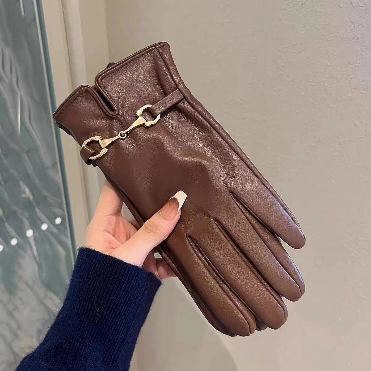Leather Gloves Touchscreen Compatible Buckle Detail One Size Fits All