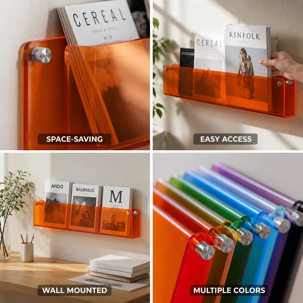 Magazine & Book Holder Wall-Mounted Acrylic Space-Saving