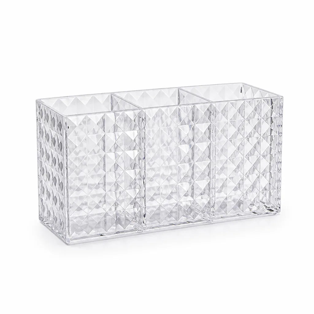 Makeup Brush & Cosmetic Organizer Triple-Compartment Diamond-Cut Acrylic