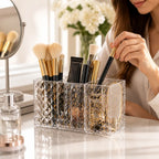 Makeup Brush & Cosmetic Organizer Triple-Compartment Diamond-Cut Acrylic