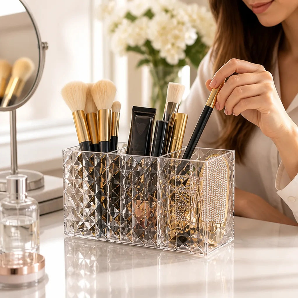 Makeup Brush & Cosmetic Organizer Triple-Compartment Diamond-Cut Acrylic
