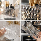 Makeup Brush & Cosmetic Organizer Triple-Compartment Diamond-Cut Acrylic