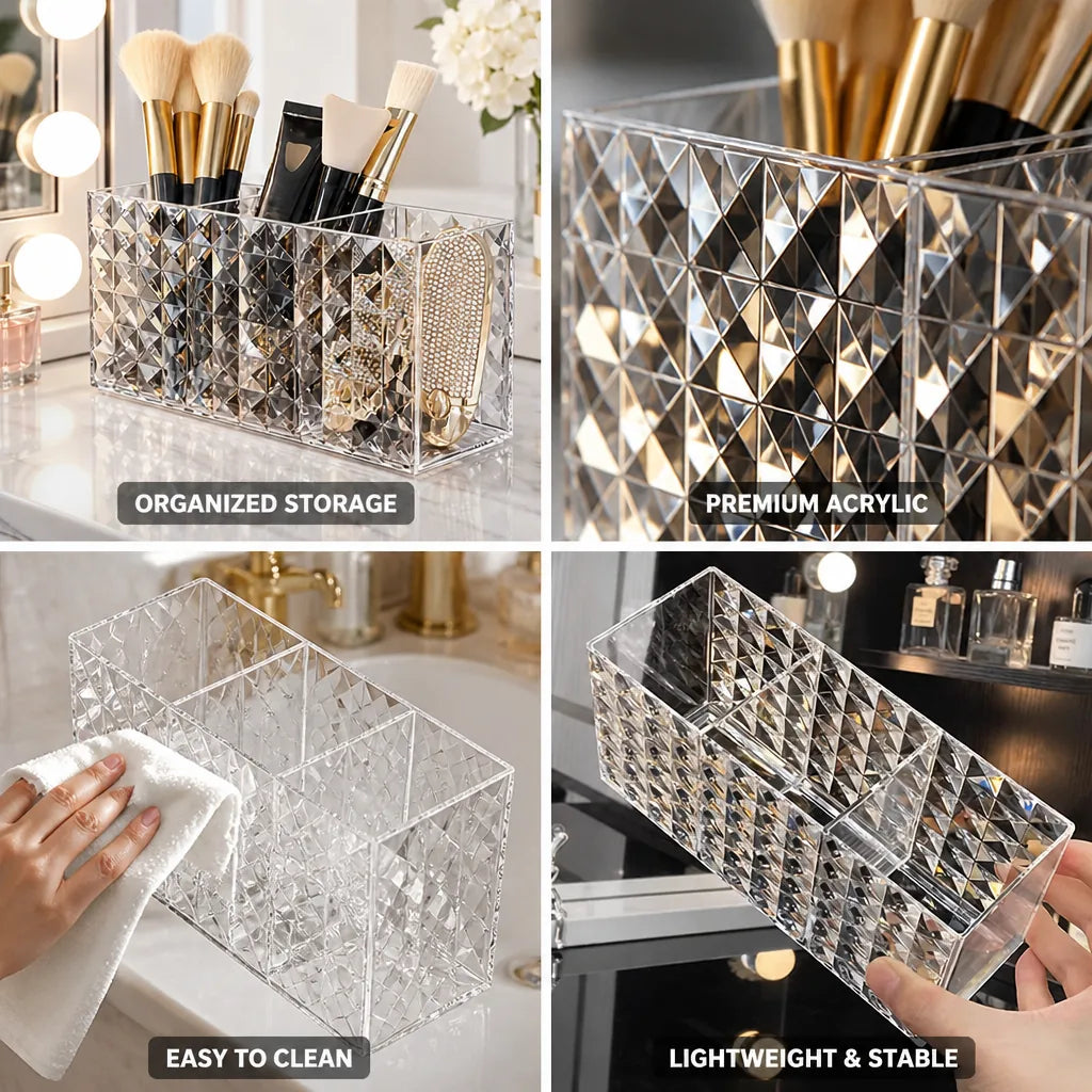 Makeup Brush & Cosmetic Organizer Triple-Compartment Diamond-Cut Acrylic