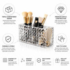 Makeup Brush & Cosmetic Organizer Triple-Compartment Diamond-Cut Acrylic