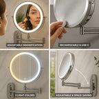 Makeup Mirror Wall-Mount Adjustable 3-10x LED USB-C Rechargeable