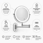 Makeup Mirror Wall-Mount Adjustable 3-10x LED USB-C Rechargeable