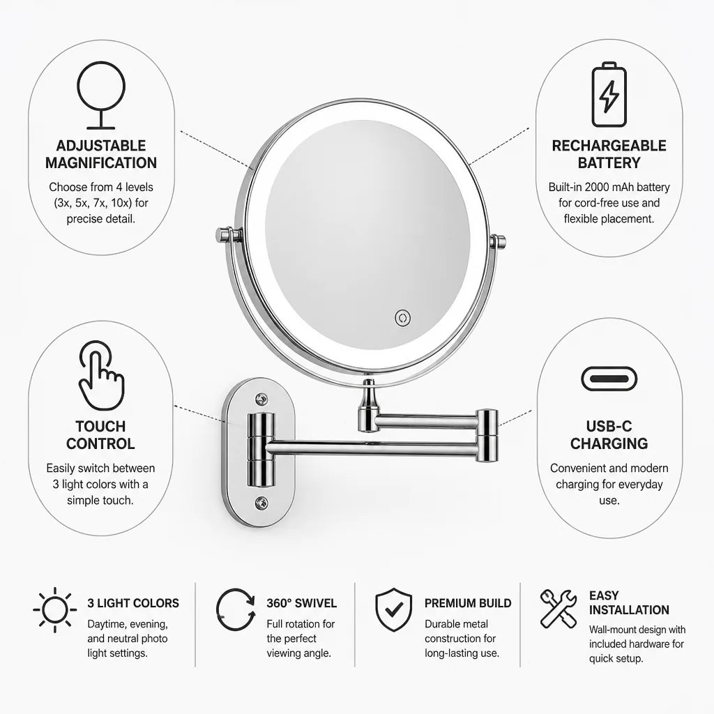 Makeup Mirror Wall-Mount Adjustable 3-10x LED USB-C Rechargeable