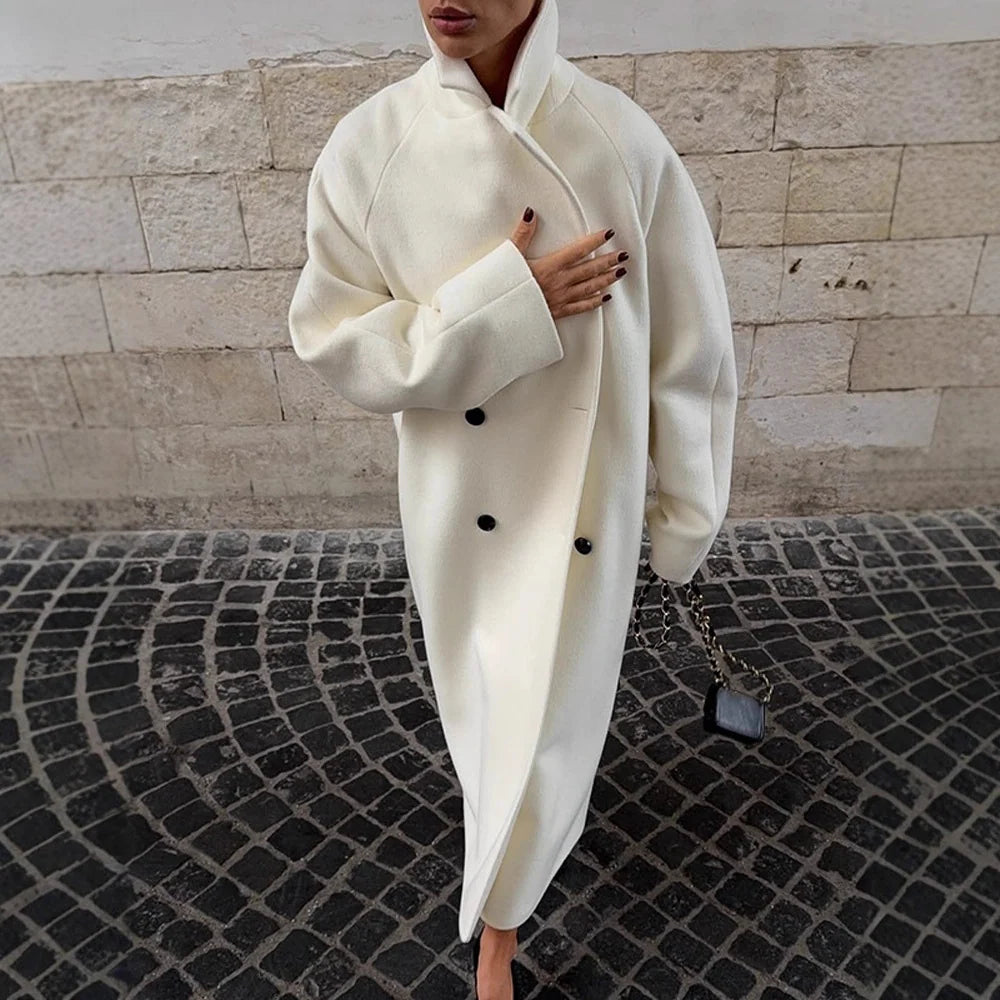 Maxi Coat Wool Blend Cocoon Silhouette High Stand Collar