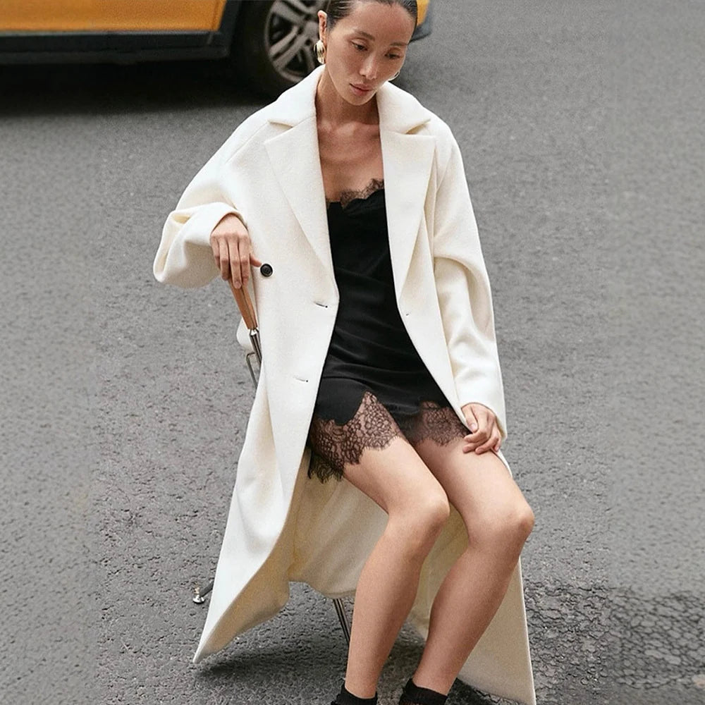 Maxi Coat Wool Blend Cocoon Silhouette High Stand Collar