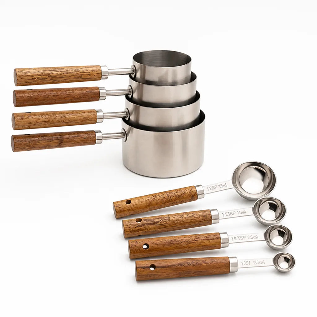 Measuring Cups & Spoons Stainless Steel & Oak 8-Piece