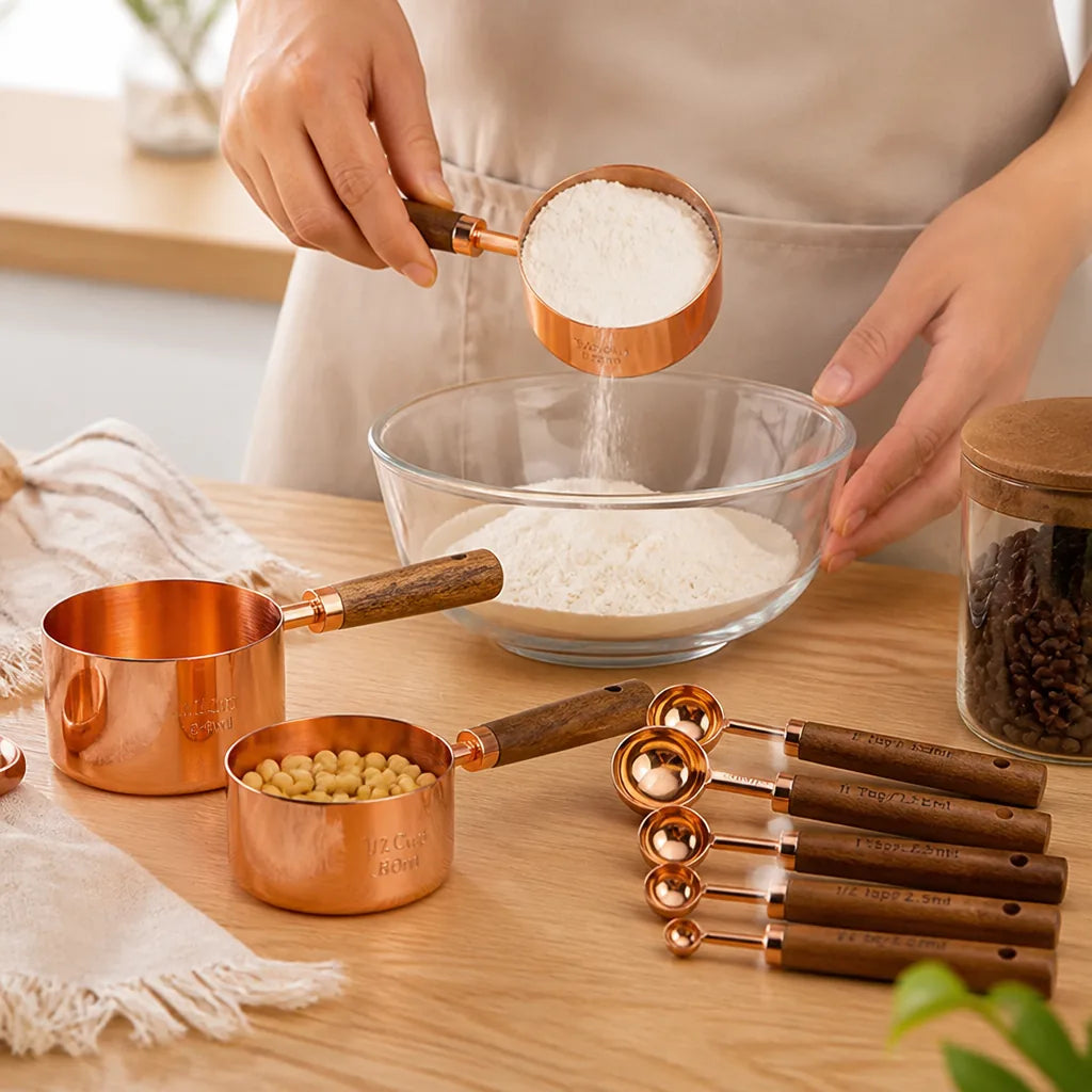 Measuring Cups & Spoons Stainless Steel & Oak 8-Piece
