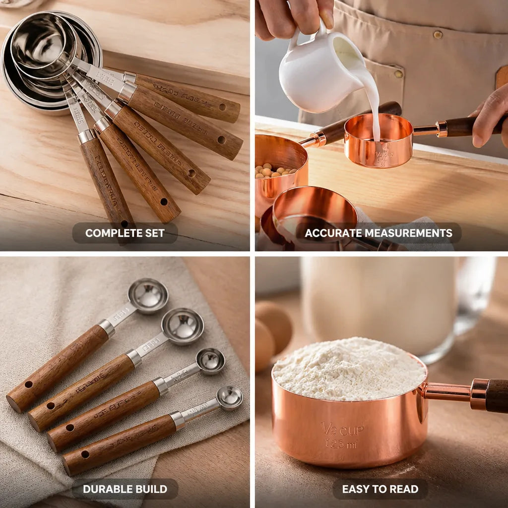 Measuring Cups & Spoons Stainless Steel & Oak 8-Piece