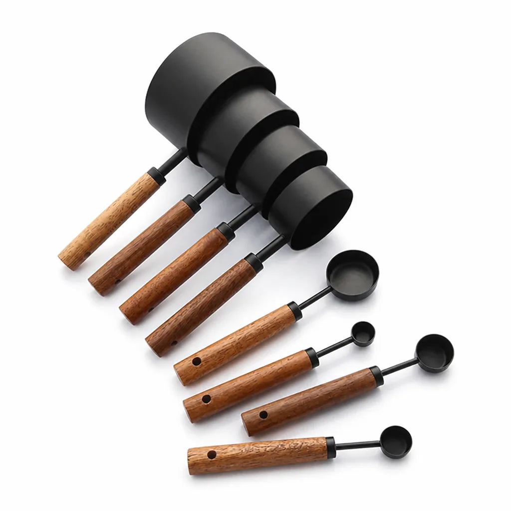 Measuring Cups & Spoons Stainless Steel & Oak 8-Piece