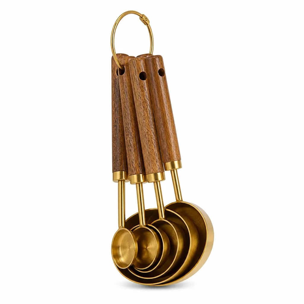 Measuring Spoons Stainless Steel & Wood Handles Etched Markings