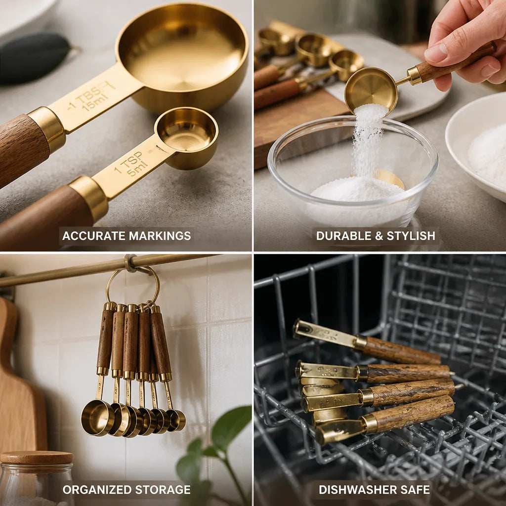 Measuring Spoons Stainless Steel & Wood Handles Etched Markings