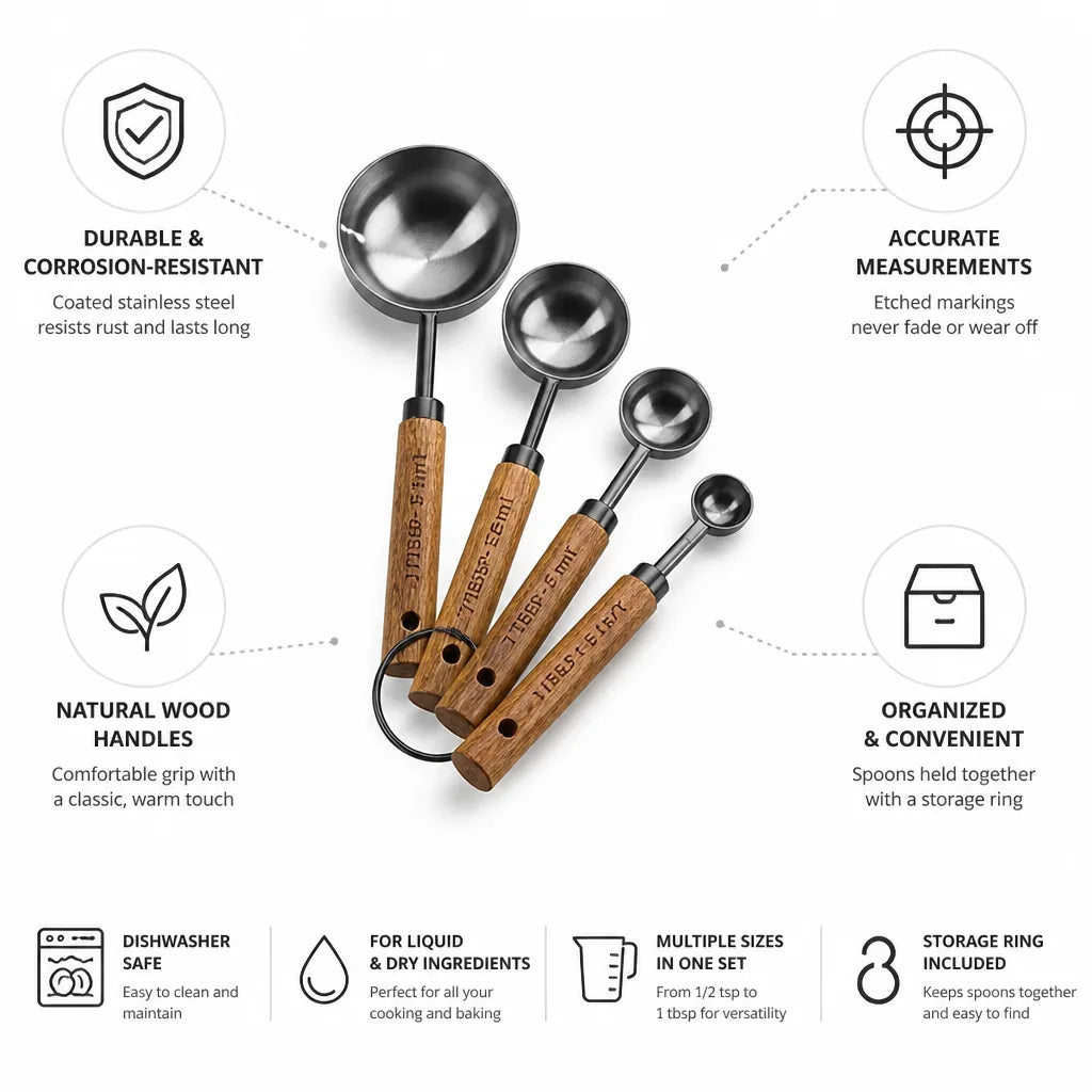 Measuring Spoons Stainless Steel & Wood Handles Etched Markings