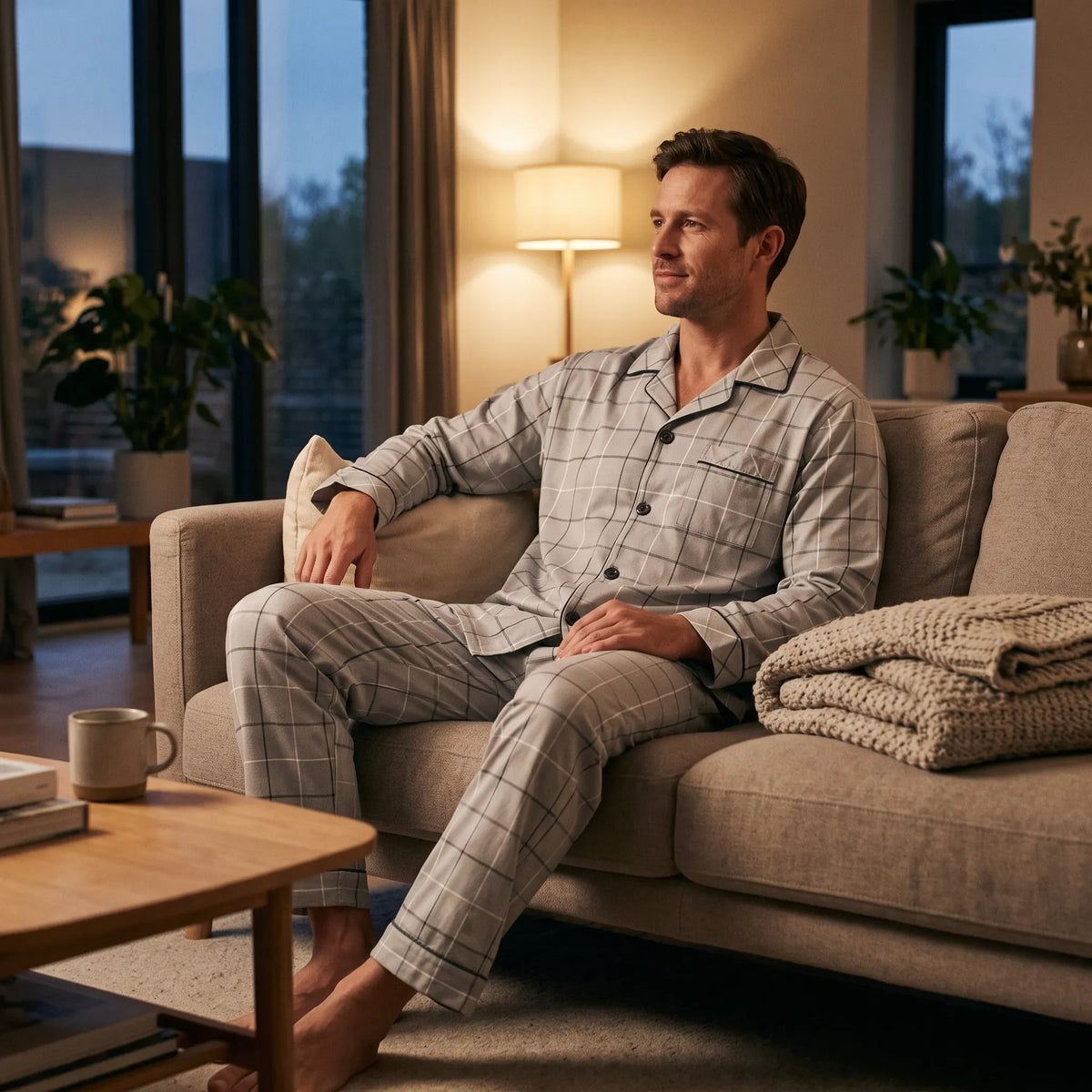 Men’s Pajama Set Soft Breathable Relaxed Fit Button-Front Shirt & Long Pants