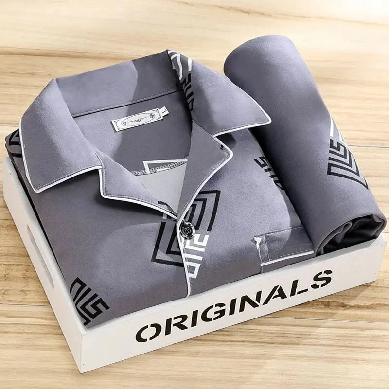 Men’s Pajama Set Soft Breathable Relaxed Fit Button-Front Shirt & Long Pants