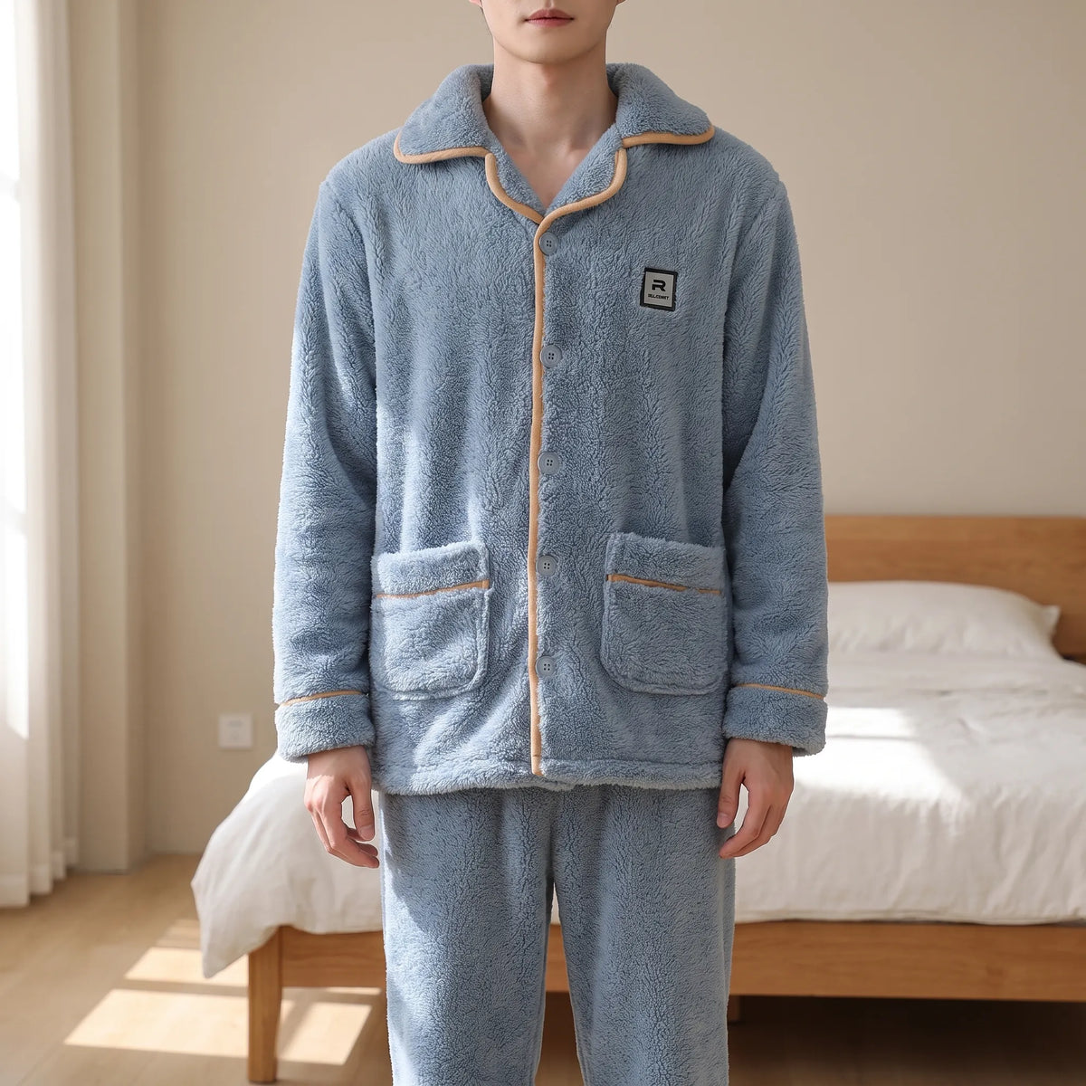 Men’s Pajama Set Thick Textured Long-Sleeve Top and Pants