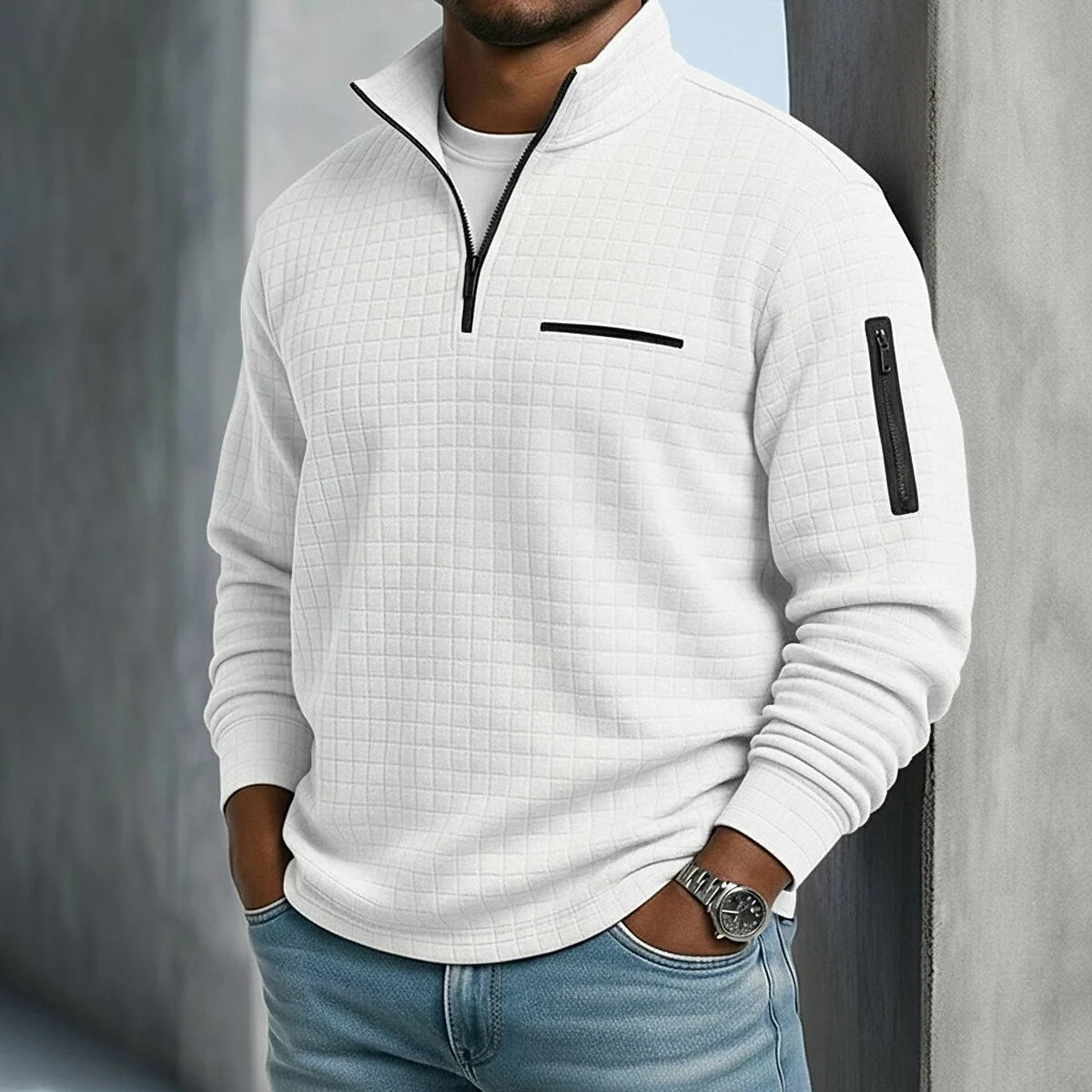 Men’s Quarter-Zip Polo Shirt Waffle Knit Long Sleeve Breathable Comfort