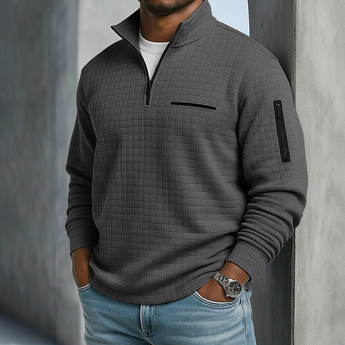 Men’s Quarter-Zip Polo Shirt Waffle Knit Long Sleeve Breathable Comfort