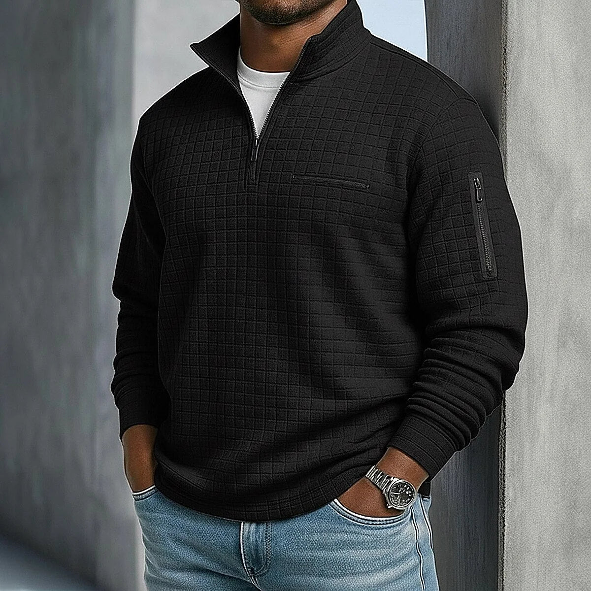 Men’s Quarter-Zip Polo Shirt Waffle Knit Long Sleeve Breathable Comfort