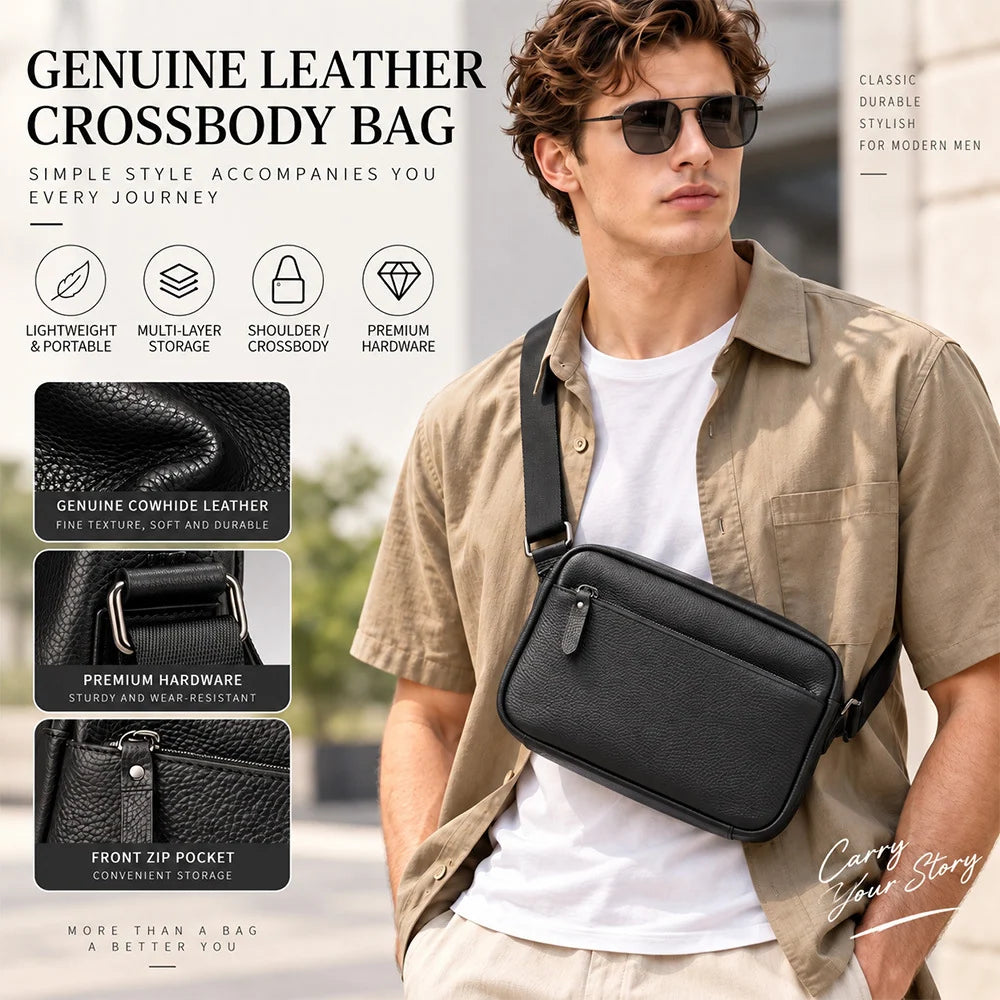 Messenger Bag Genuine Pebbled Leather Adjustable Strap Zippered Pockets