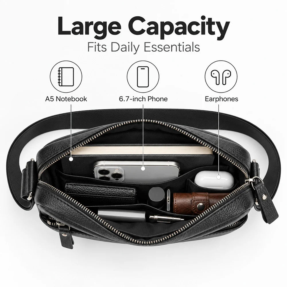 Messenger Bag Genuine Pebbled Leather Adjustable Strap Zippered Pockets