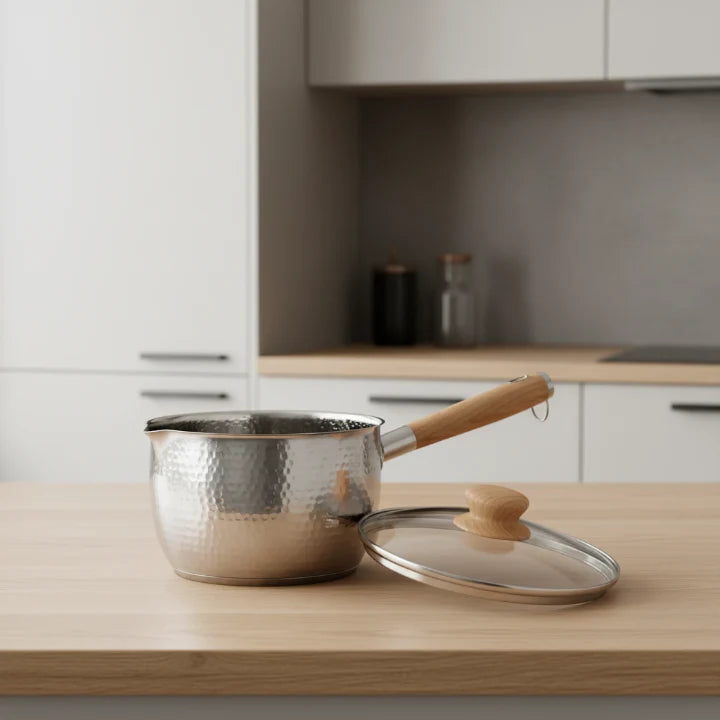 Milk Pan Stainless Steel Glass Lid & Wood Handle