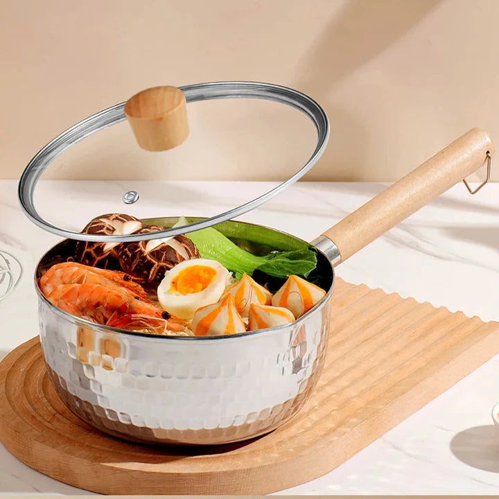 Milk Pan Stainless Steel Glass Lid & Wood Handle