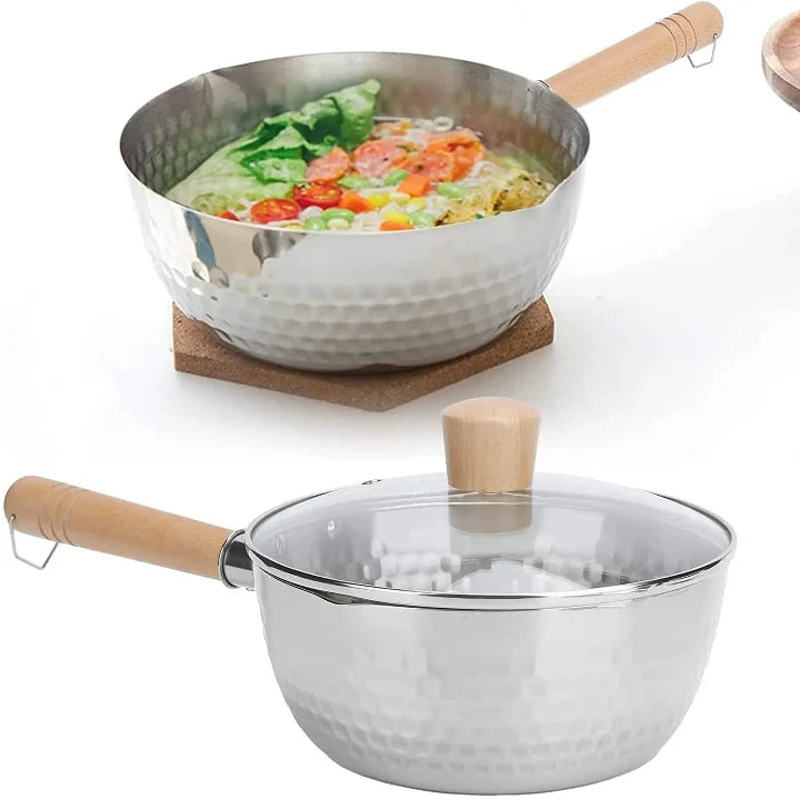 Milk Pan Stainless Steel Glass Lid & Wood Handle