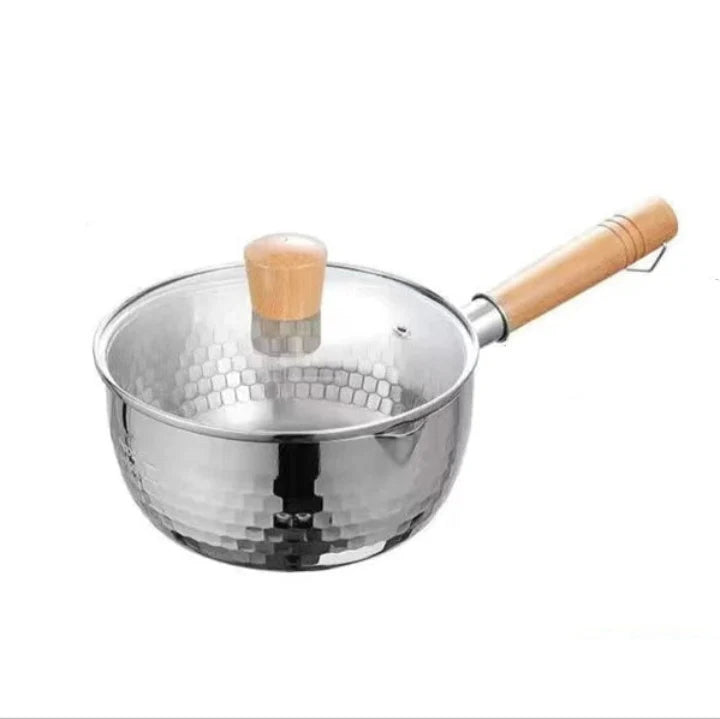 Milk Pan Stainless Steel Glass Lid & Wood Handle