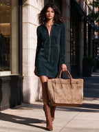 Mini Dress Faux Suede Half-Zip V-Neck Relaxed Fit