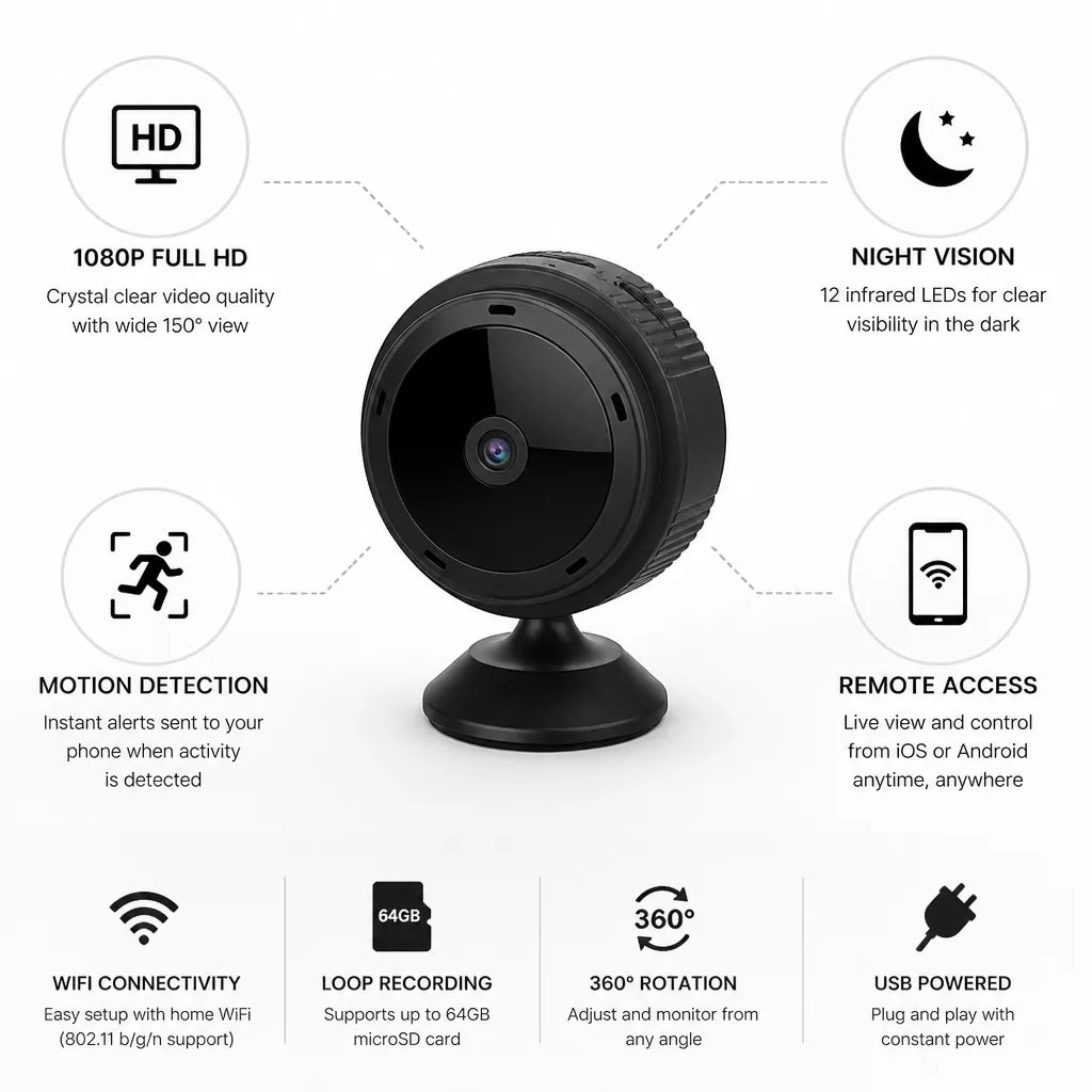 Mini Wi-Fi Camera 1080P Night Vision & Motion Detection