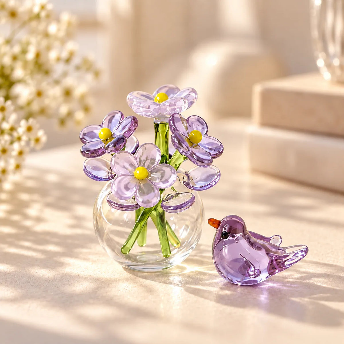 Miniature Glass Decor Set Handmade Vase & Bird