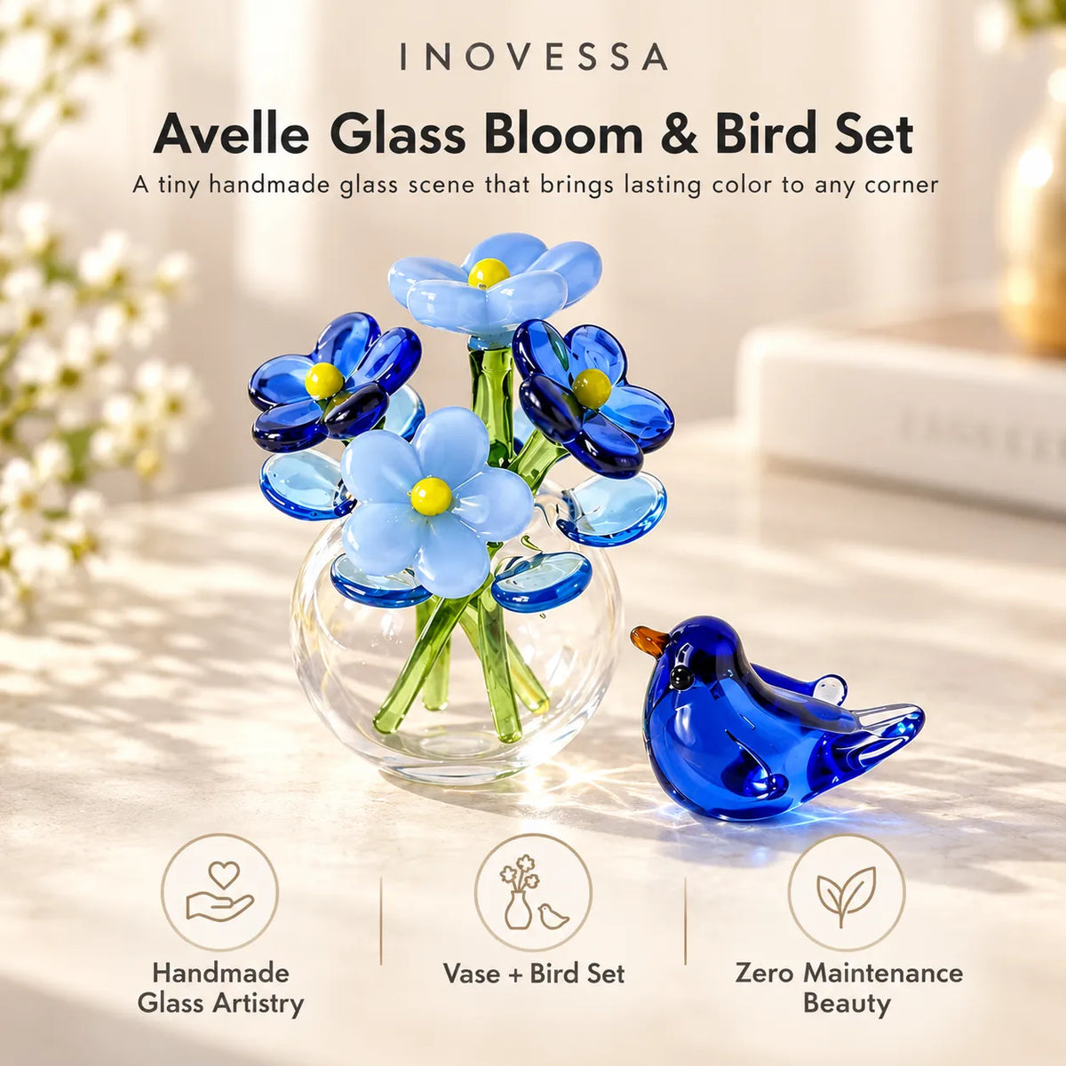 Miniature Glass Decor Set Handmade Vase & Bird