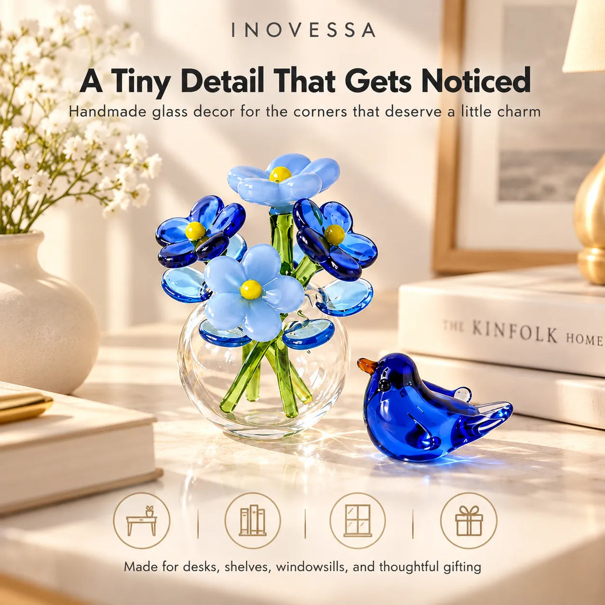 Miniature Glass Decor Set Handmade Vase & Bird