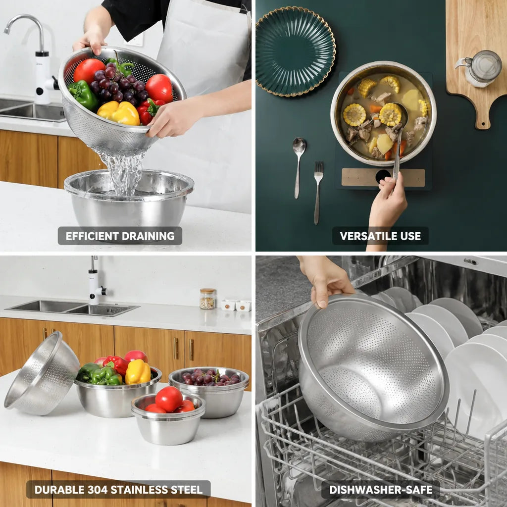 Mixing Bowl & Colander 304 Stainless Steel Fine-Mesh Dishwasher-Safe
