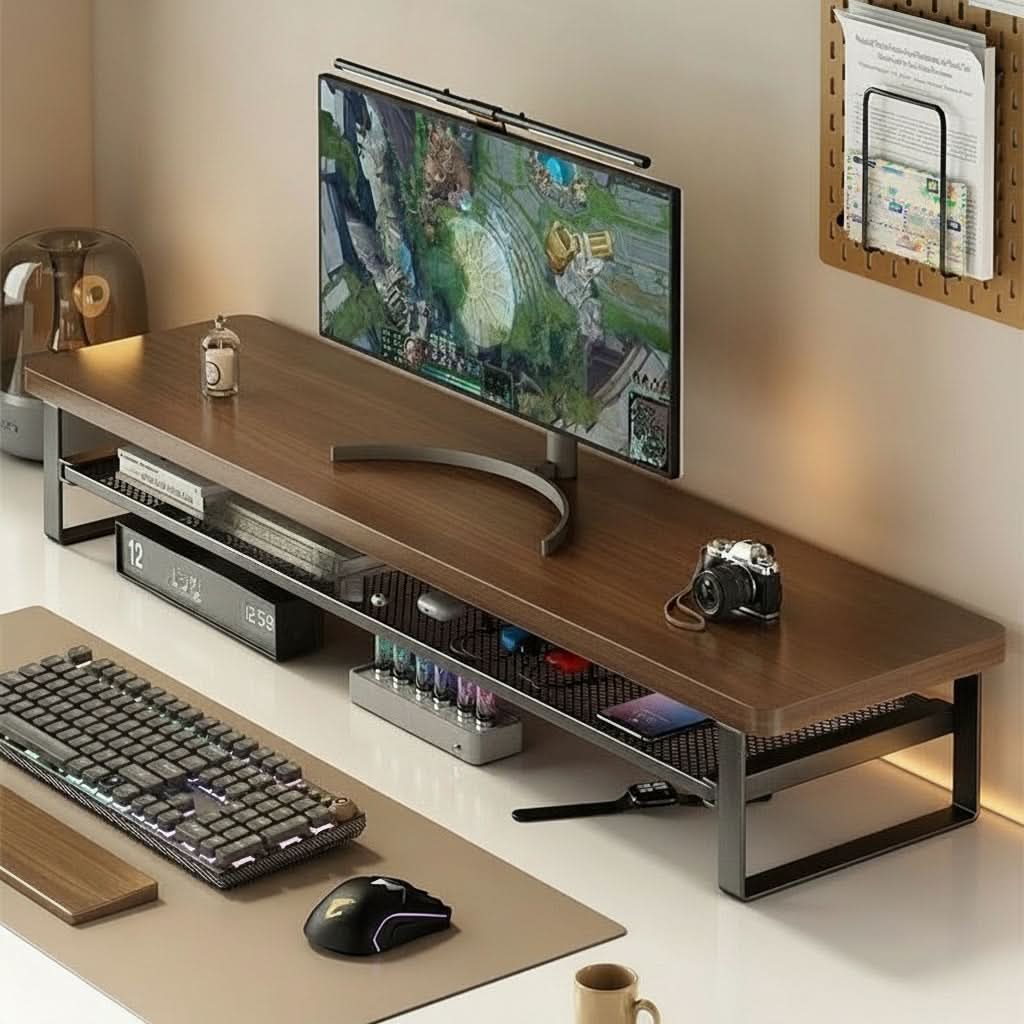 Monitor Stand Two-Tier Pull-Out Drawer MDF & Metal Frame