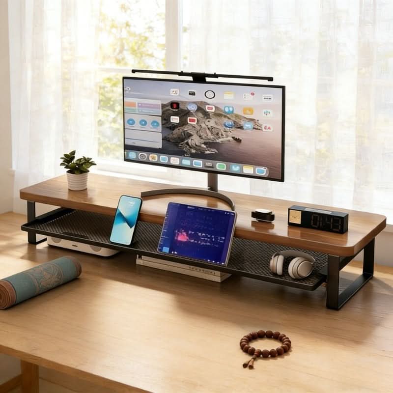 Monitor Stand Two-Tier Pull-Out Drawer MDF & Metal Frame