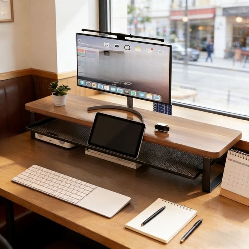 Monitor Stand Two-Tier Pull-Out Drawer MDF & Metal Frame