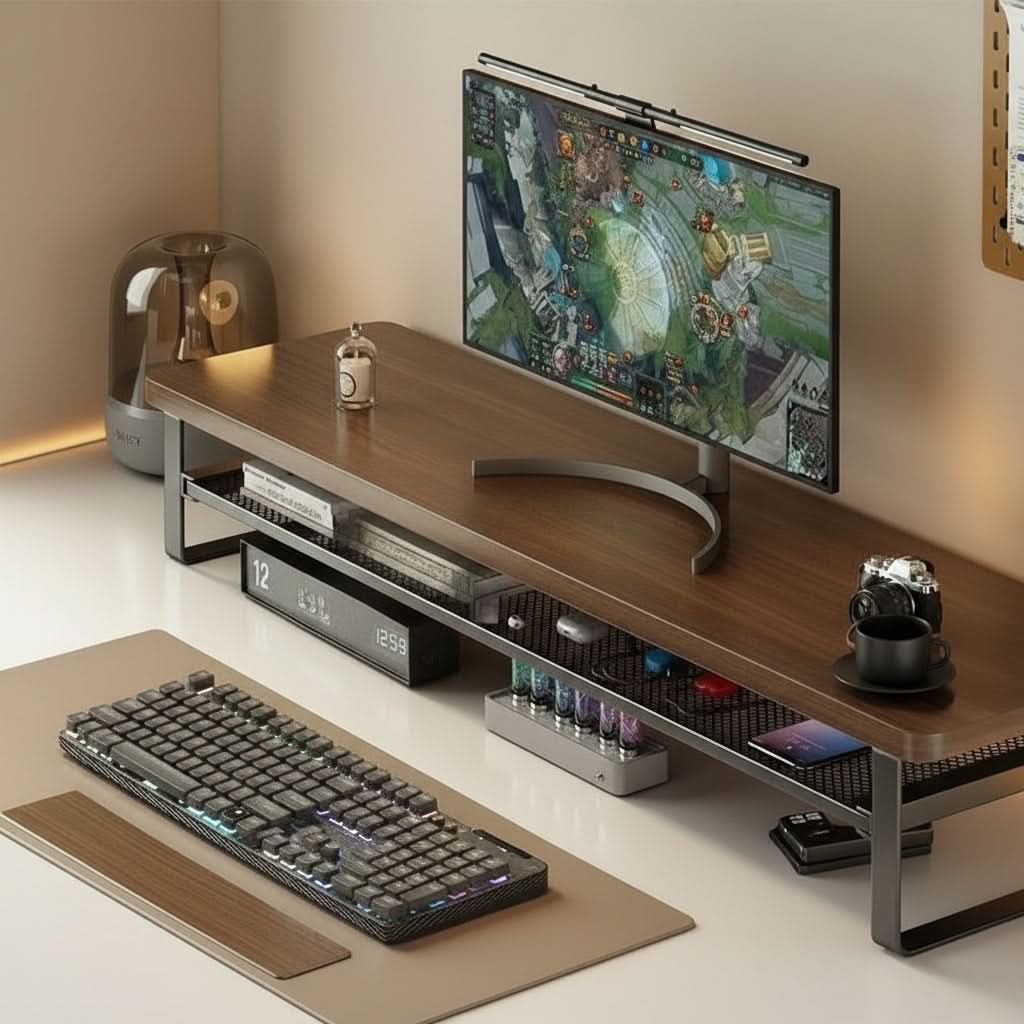 Monitor Stand Two-Tier Pull-Out Drawer MDF & Metal Frame