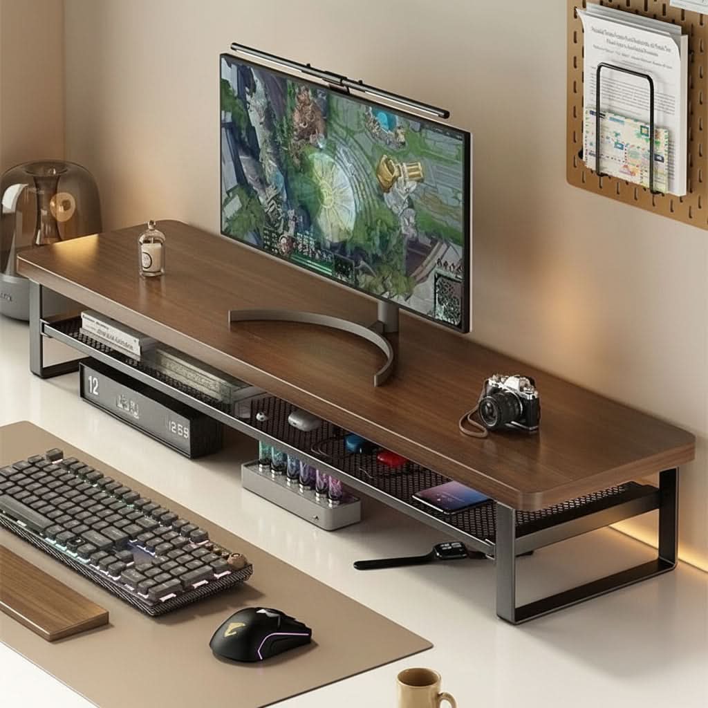 Monitor Stand Two-Tier Pull-Out Drawer MDF & Metal Frame