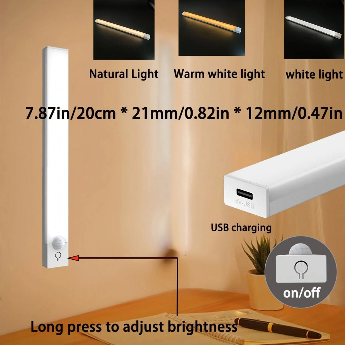 Motion Sensor Light LED USB-Rechargeable Adjustable Brightness