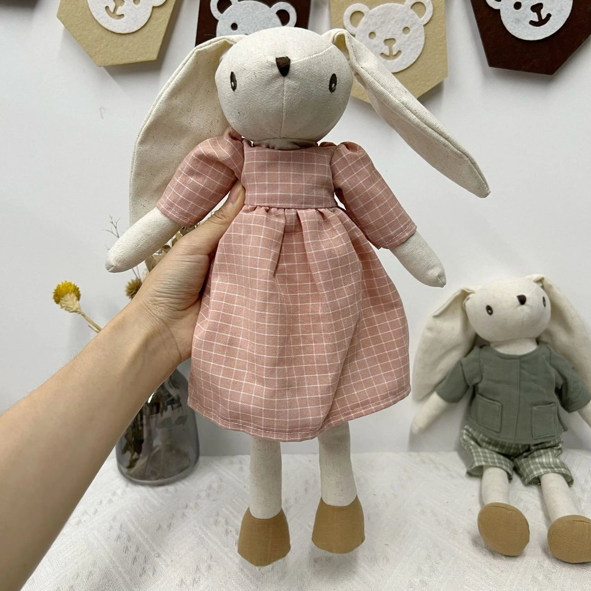 Mouse Doll Cotton-Linen With Crocheted Floral Dress