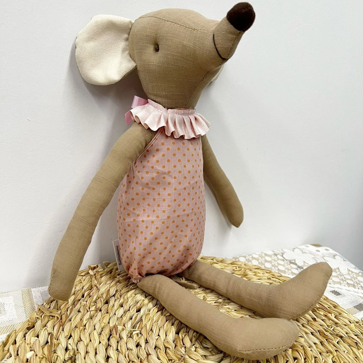 Mouse Doll Cotton-Linen With Crocheted Floral Dress