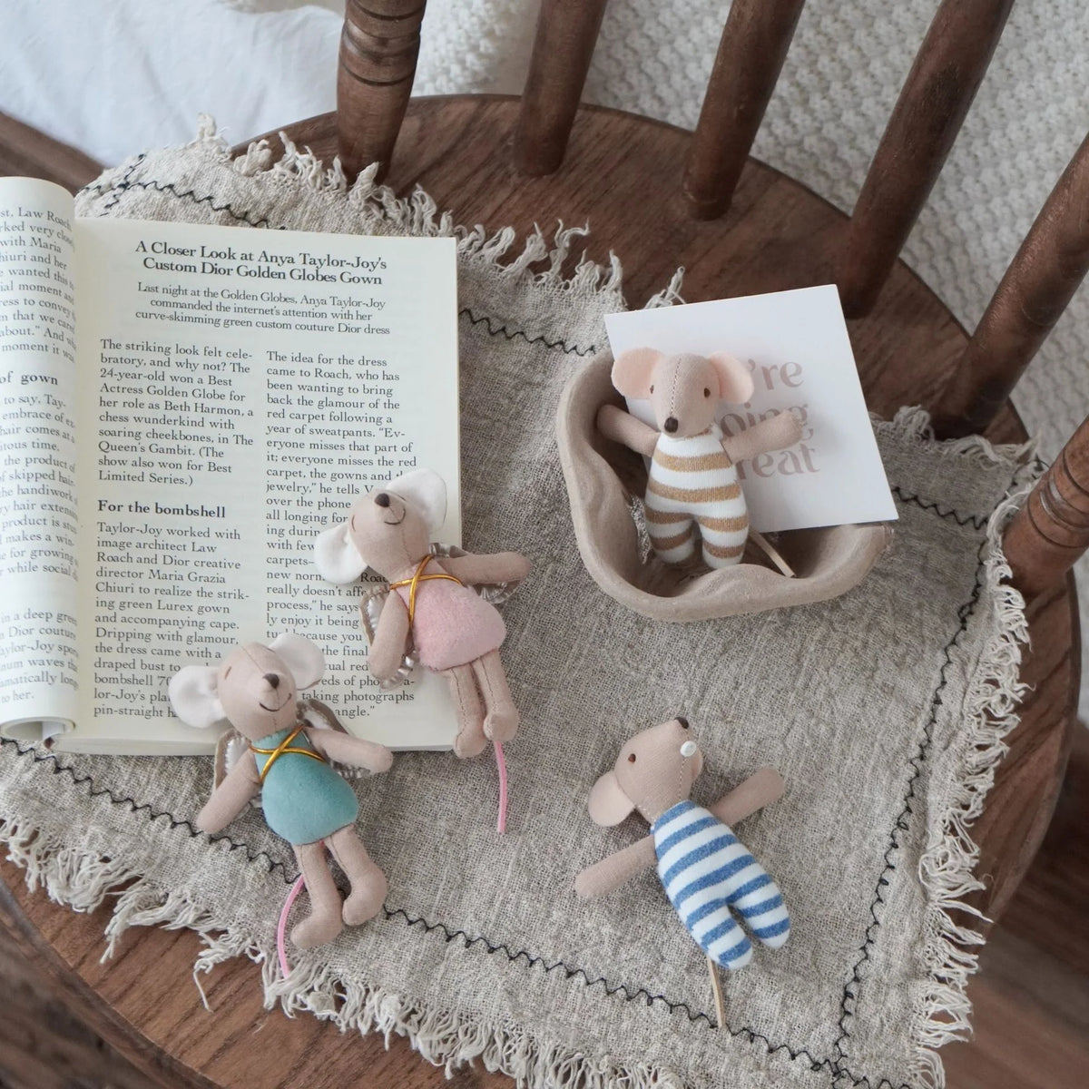 Mouse Doll Cotton-Linen With Crocheted Floral Dress