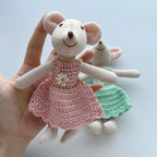 Mouse Doll Cotton-Linen With Crocheted Floral Dress