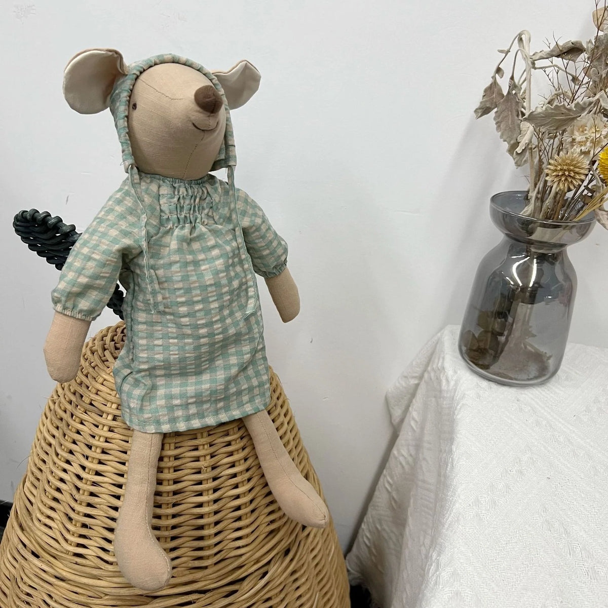Mouse Doll Cotton-Linen With Crocheted Floral Dress