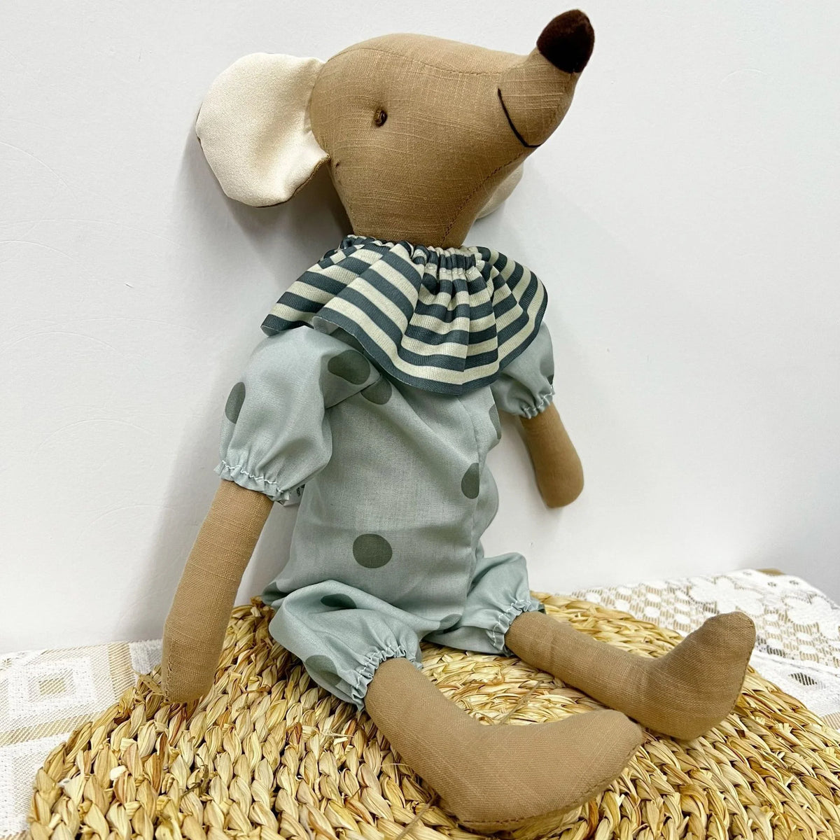 Mouse Doll Cotton-Linen With Crocheted Floral Dress